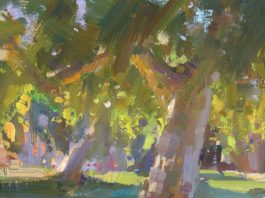 Tiffanie Mang, “Trees at Buena Vista Park,” 2019, gouache, 6 x 6 in., Private collection, Plein air