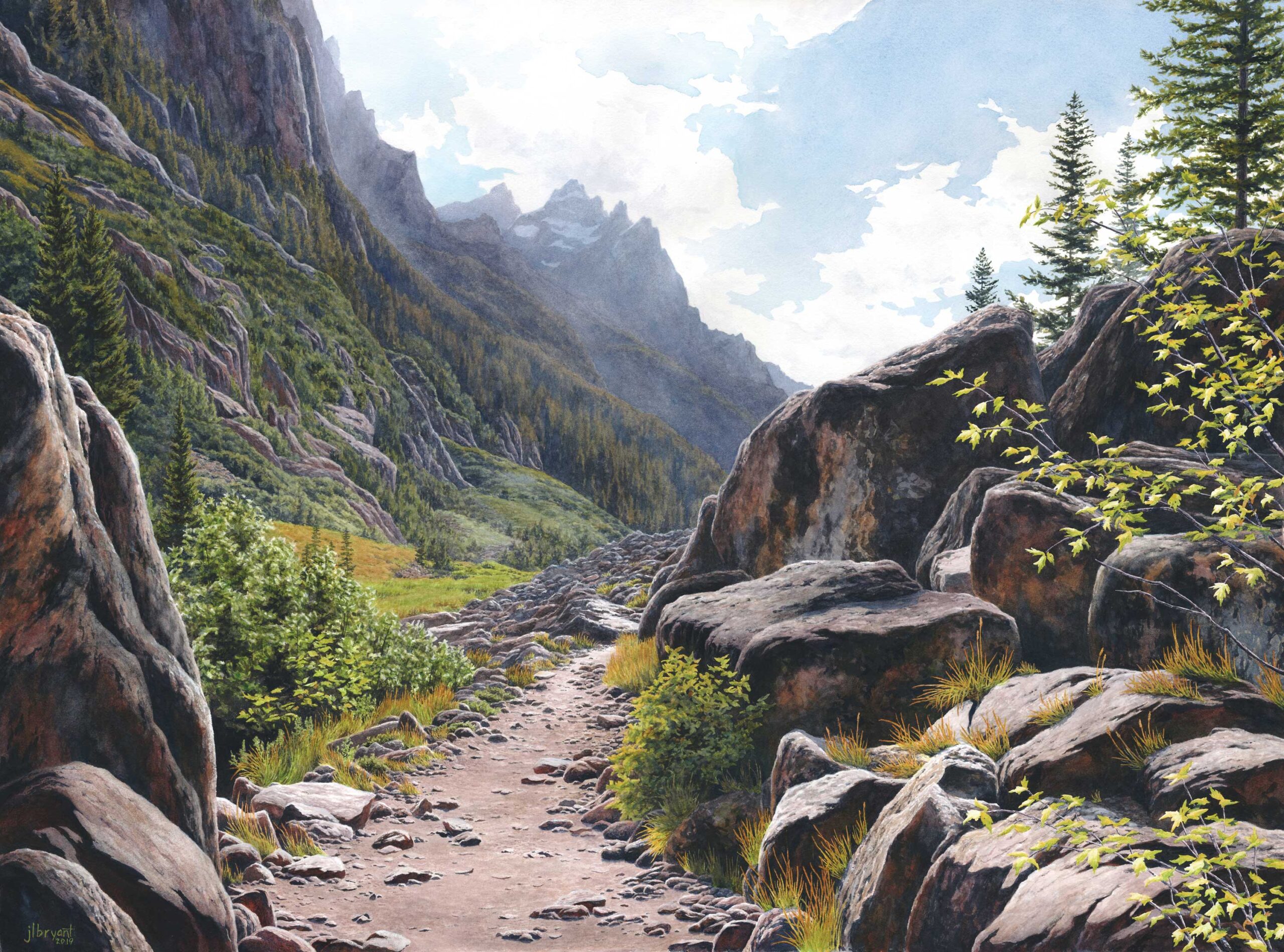 Jessica L. Bryant, "Cascade Canyon," 2020, watercolor, 22 x 30 in., courtesy of The Art Spirit Gallery of Fine Art, Coeur d’Alene, Idaho, studio from plein air study