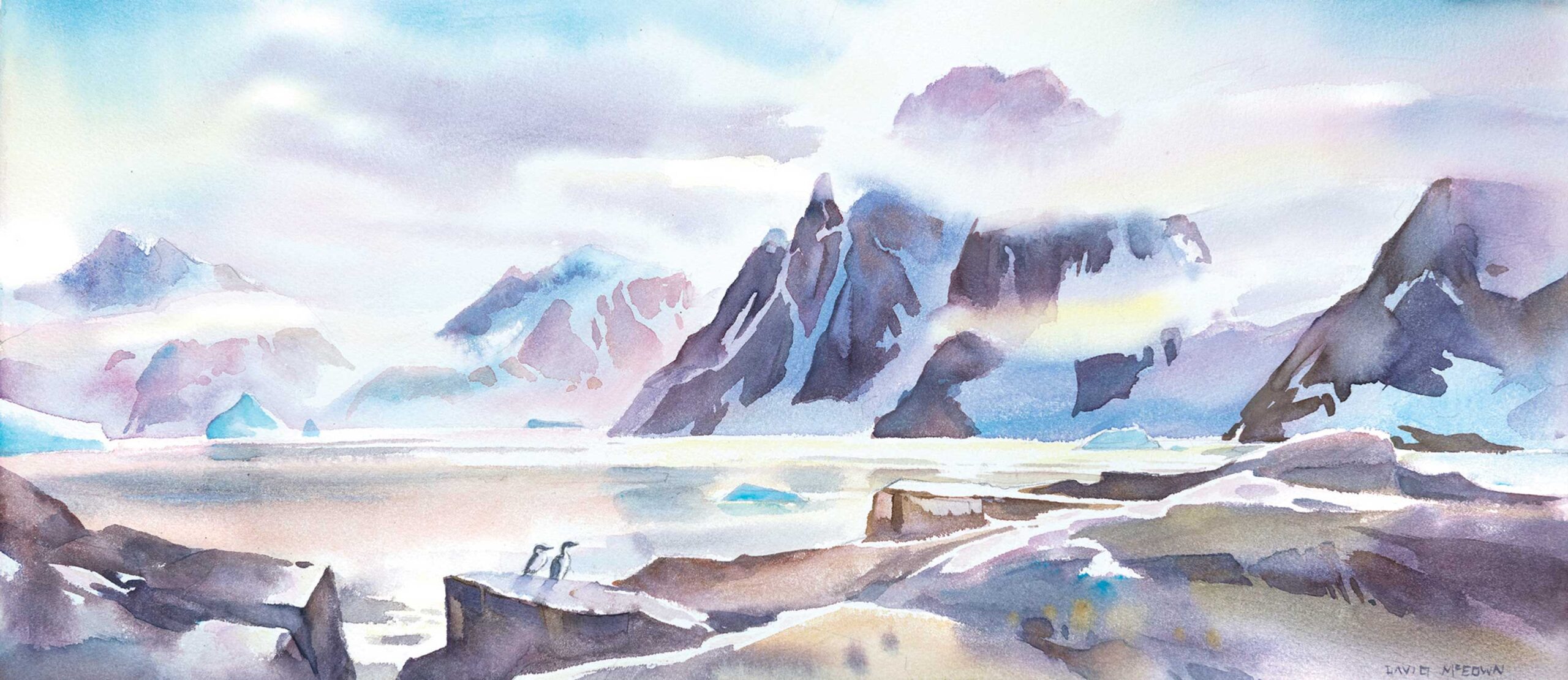 David McEwon, "From Petermann Island, Antarctica," 2017, watercolor, 12 x 22 in., collection the artist, plein air