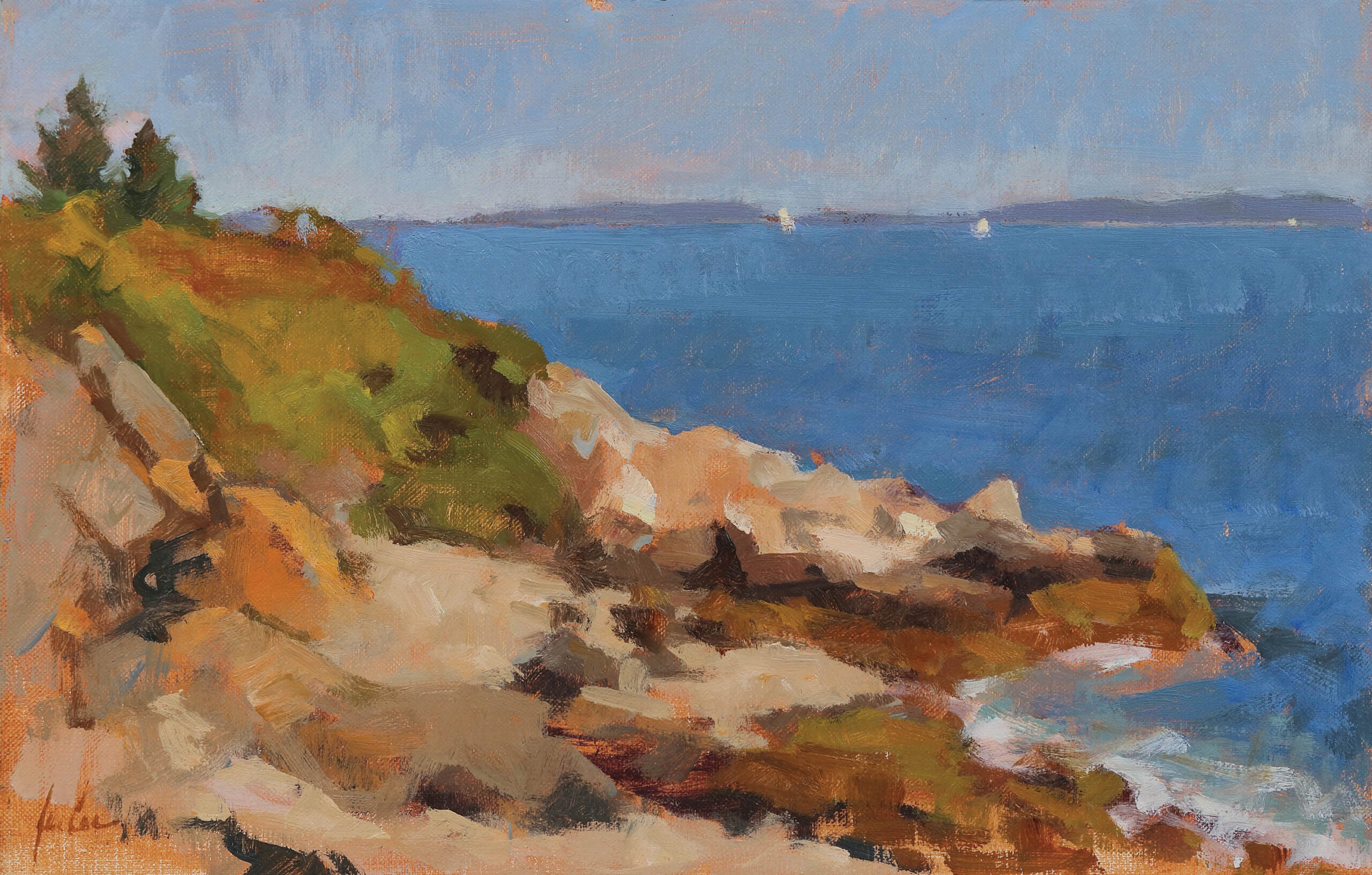 Painting on location - James Coe, "Indian Island Shore Study," 2022, oil, 9 x 14 in. Collection the artist Plein air