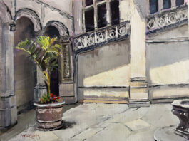 acrylic painting of corner courtyard during the day, with large plant in pot