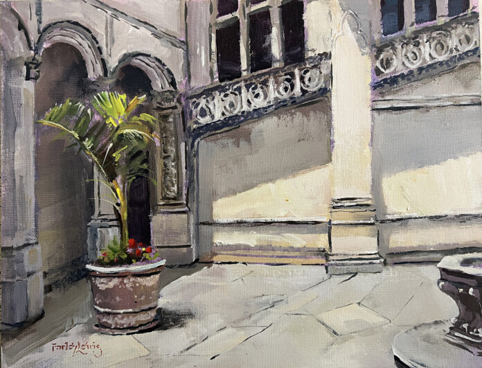 acrylic painting of corner courtyard during the day, with large plant in pot