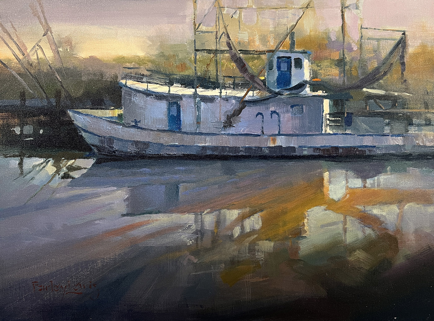acrylic painting of boat docked in water, during sunrise