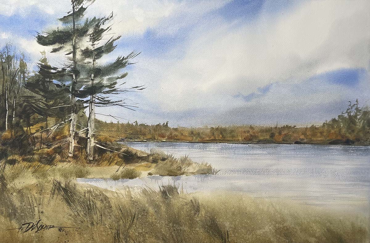 watercolor painting of lake with trees along shoreline