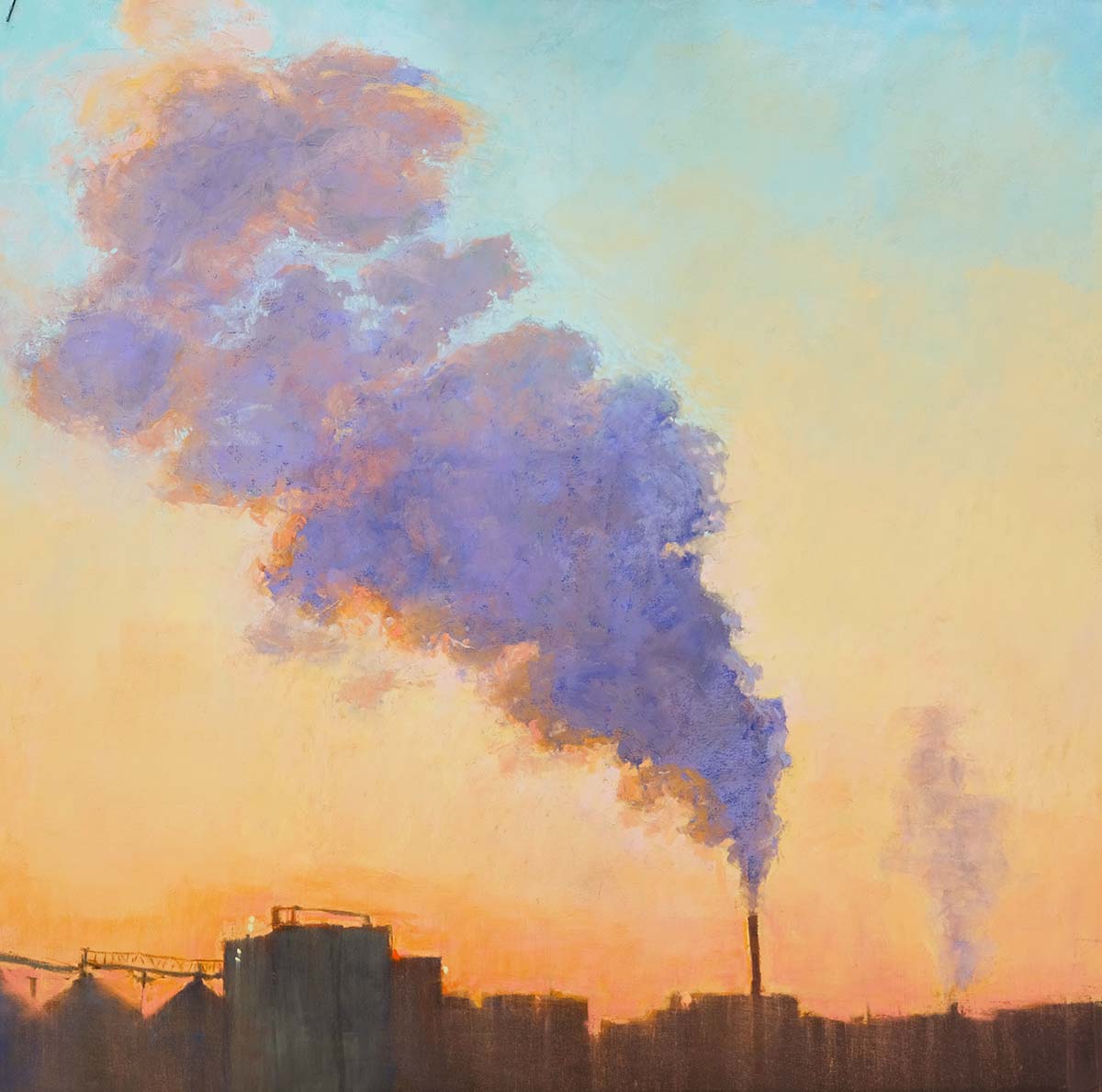oil painting of cityscape with fumes coming from buildings