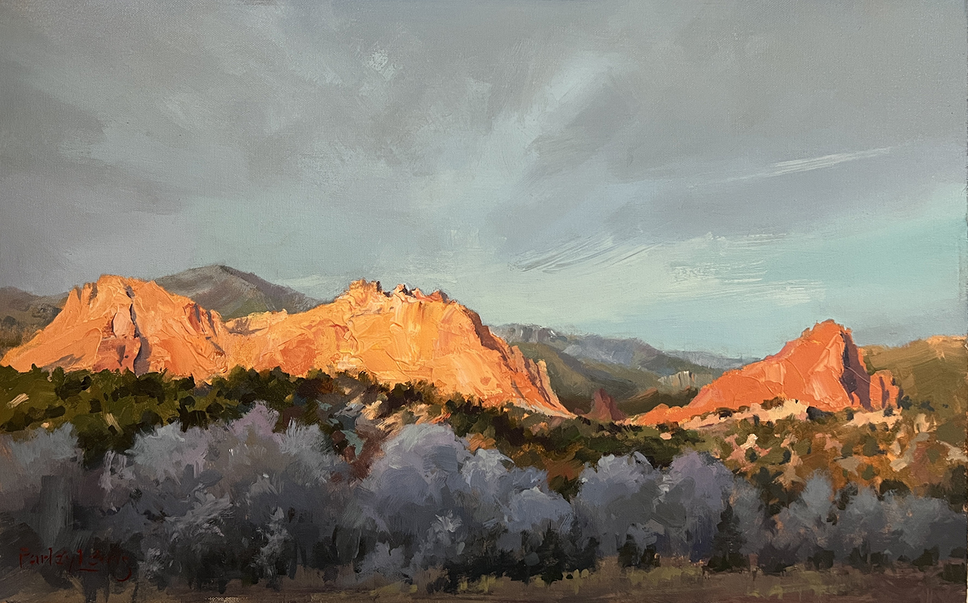 acrylic painting of sunrise hitting top of mountain peaks