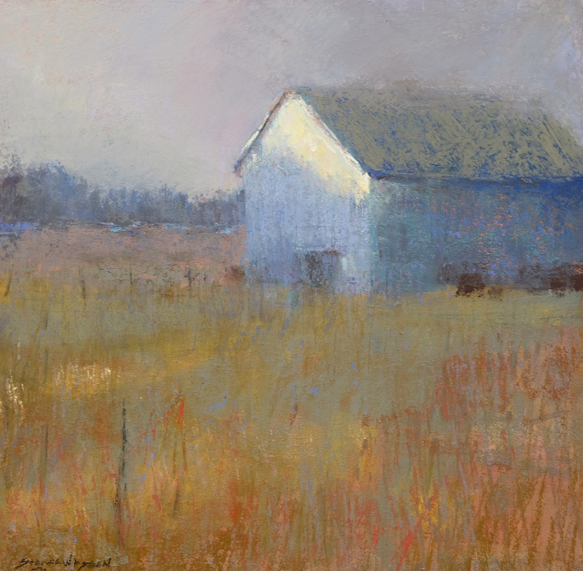 pastel painting of white barn with field surrounding it, during sunset