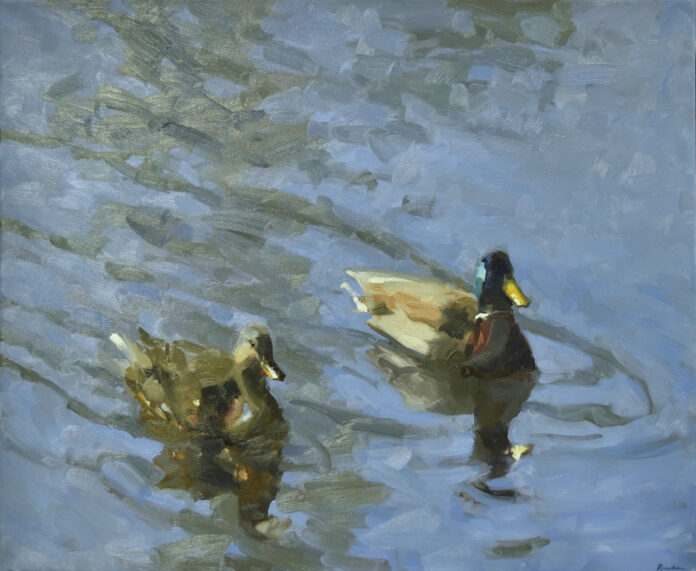oil painting of 2 ducks swimming