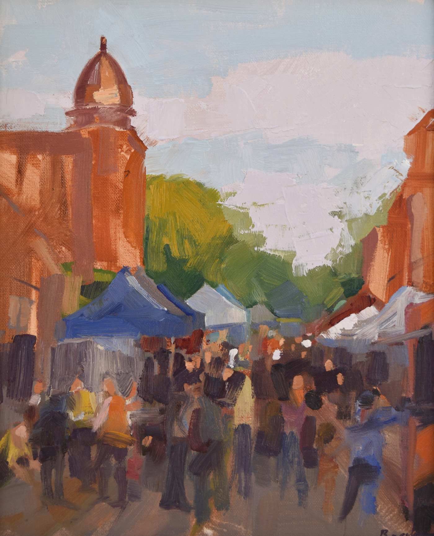 oil painting of street scene with crowds in the middle; surrounded by tall buildings