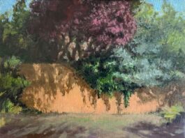 Ellen Buselli, “Patterns at Acequia Madre House,” 10x12 inches, oil