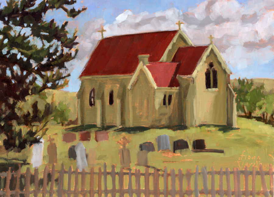Fiona Verdouw, "Perched in the Sun - St James Anglican Church, Jericho, Tasmania," Oil on panel, 7 x 9 in.
