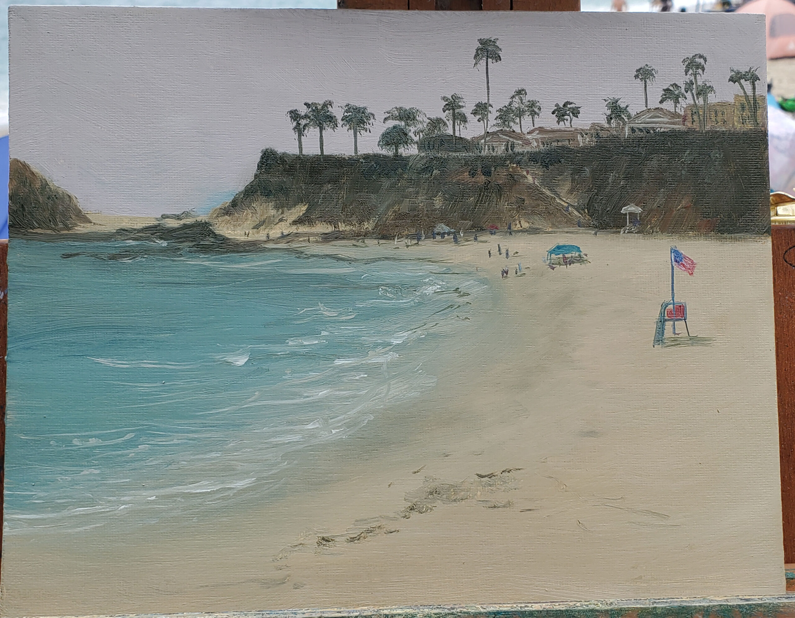 Tammy Stahl, "Before the Rush," oil on panel, 8 x 10 in.; painted during a SoCalPapa paint-out at Aliso Beach, CA.