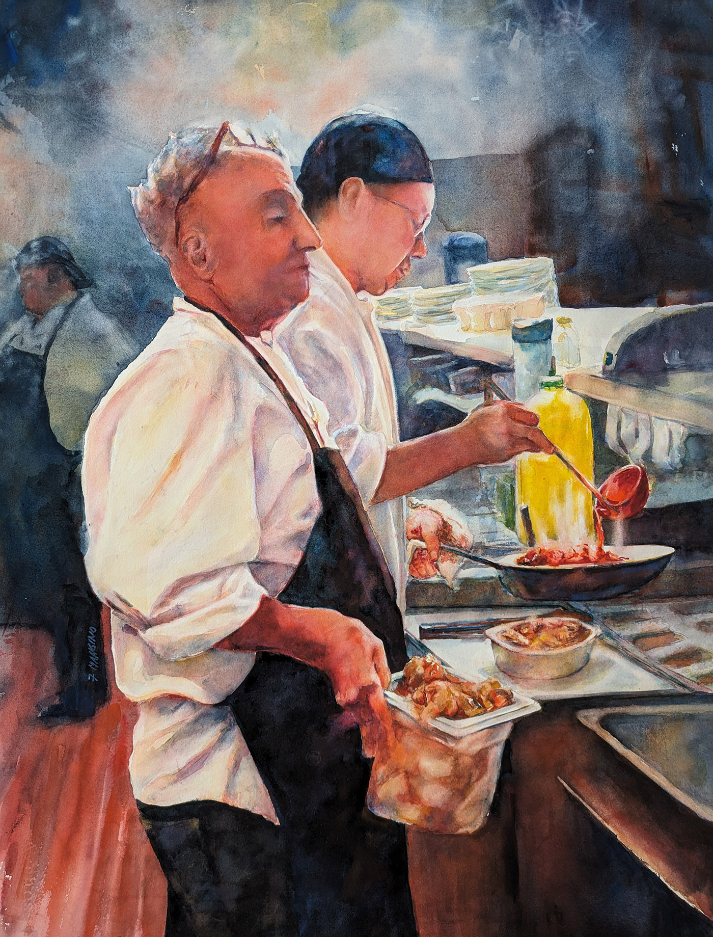 watercolor painting of chefs cooking in kitchen