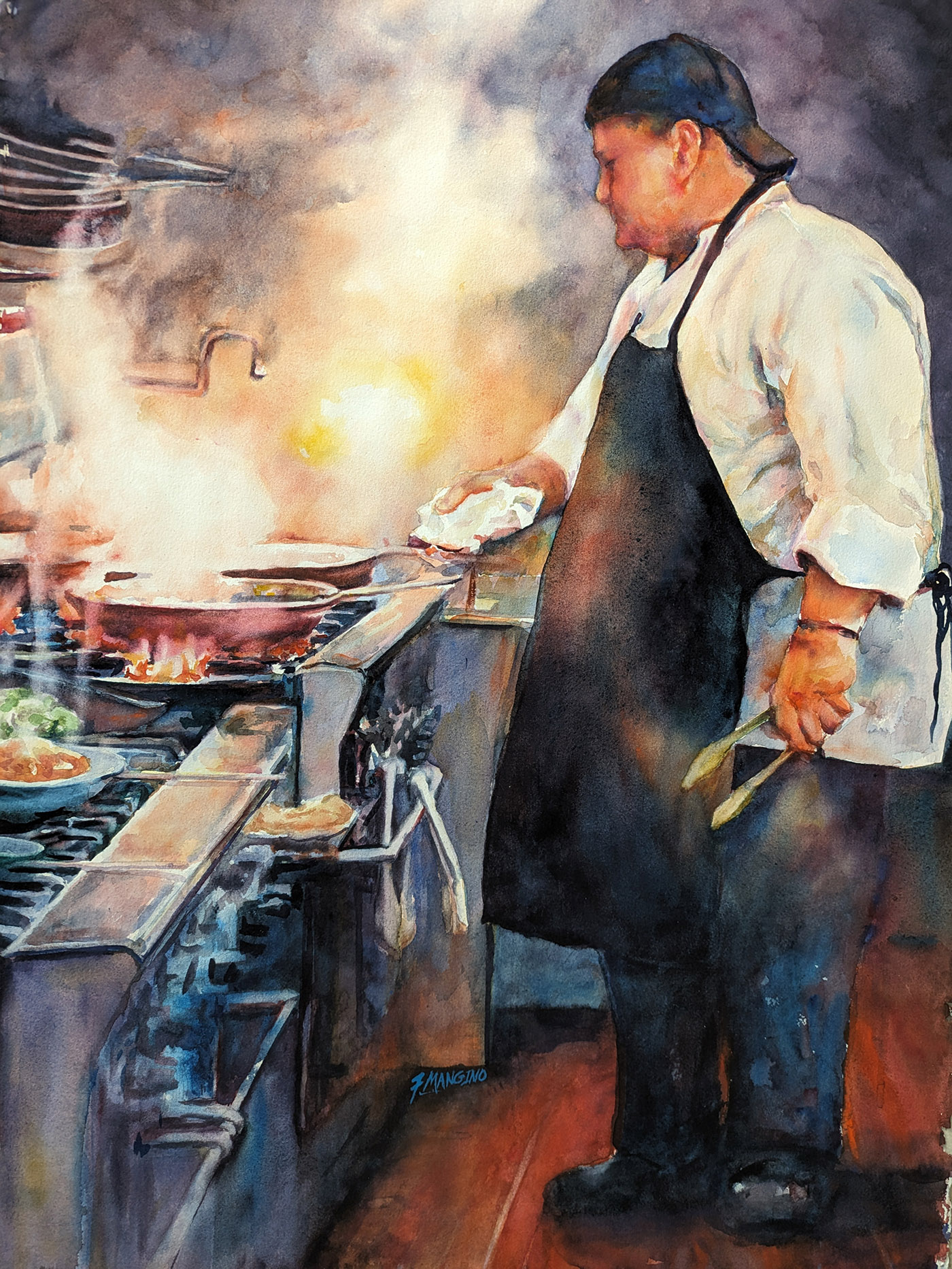 watercolor painting of chef cooking, steam coming from pan