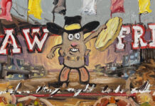 oil painting of a potato wearing a cowboy hat in between signs