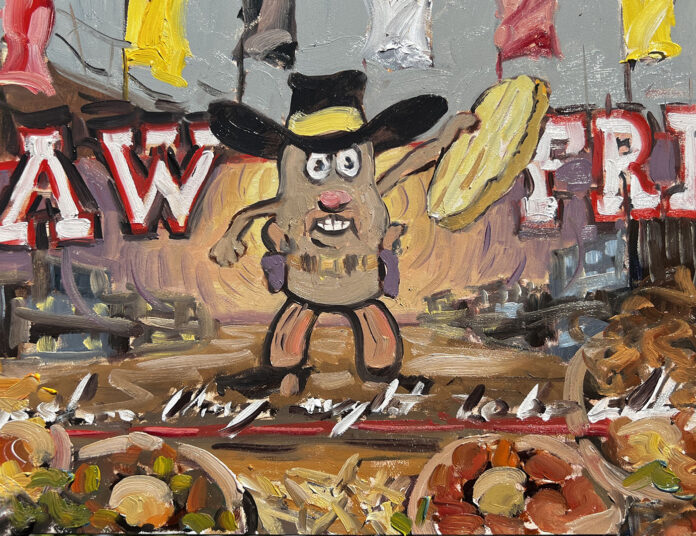 oil painting of a potato wearing a cowboy hat in between signs