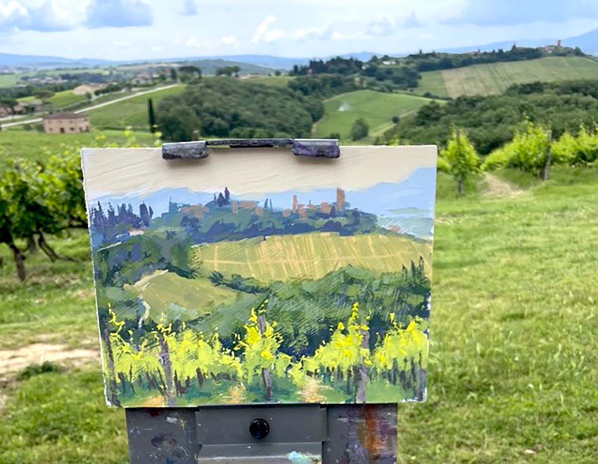 picture of a gouache painting of Italy's landscape of hills and valleys with inspiration behind the painting