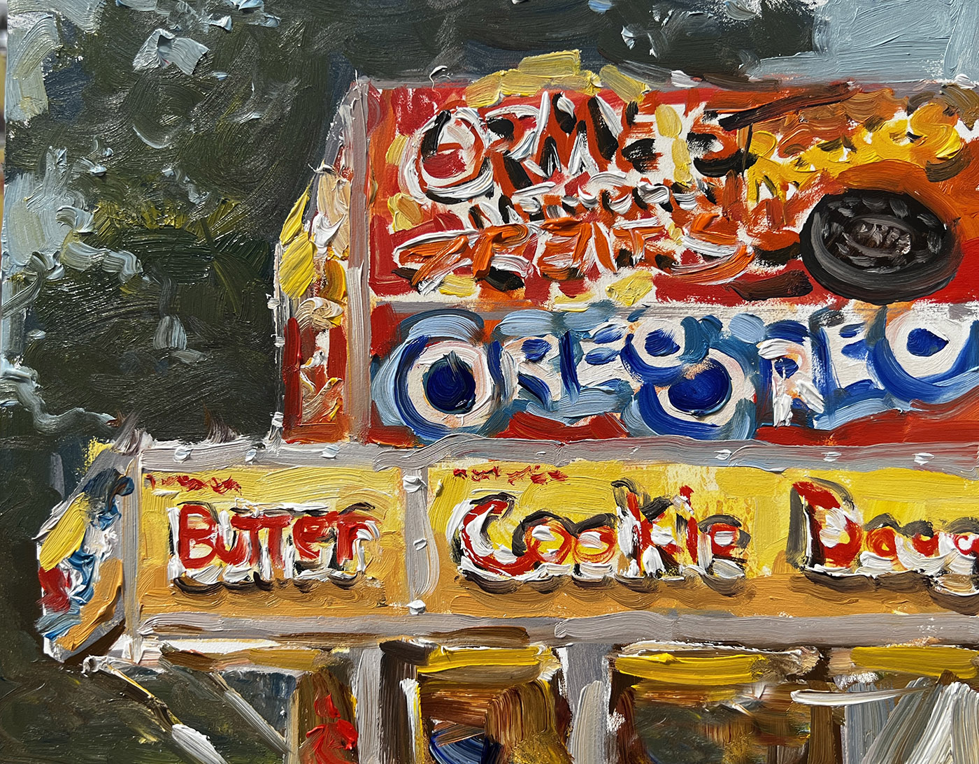 oil painting of oreo sign above other signs at amusement park