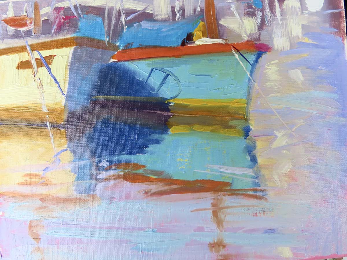 oil painting of boats setting in water