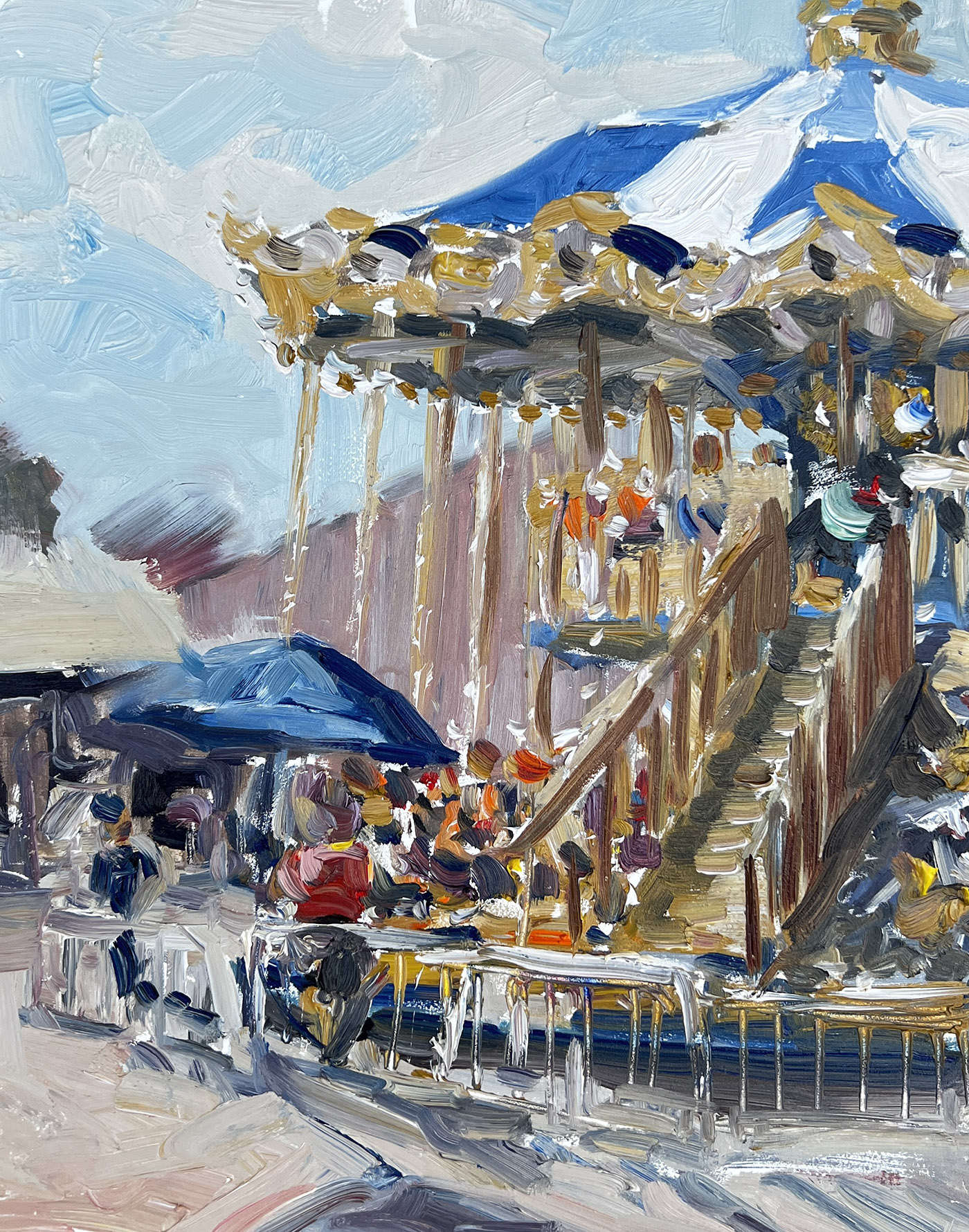 oil painting of side of carousel with double decker