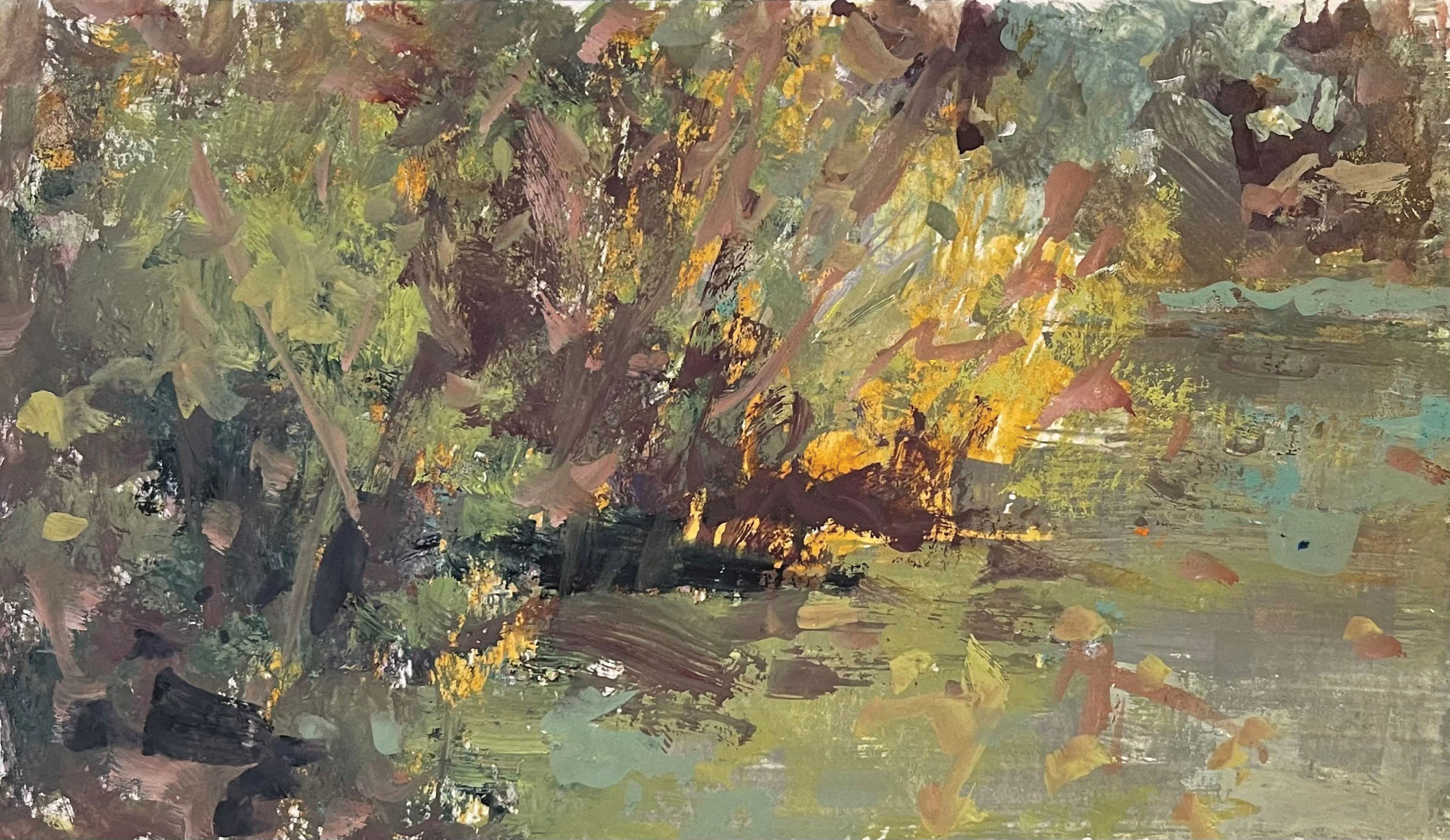 Abstract landscape paintings - Scott Gellatly, "Untitled Wetland Study," 2019, casein on paper, 4 1/2 x 7 1/2 in., collection the artist, plein air 