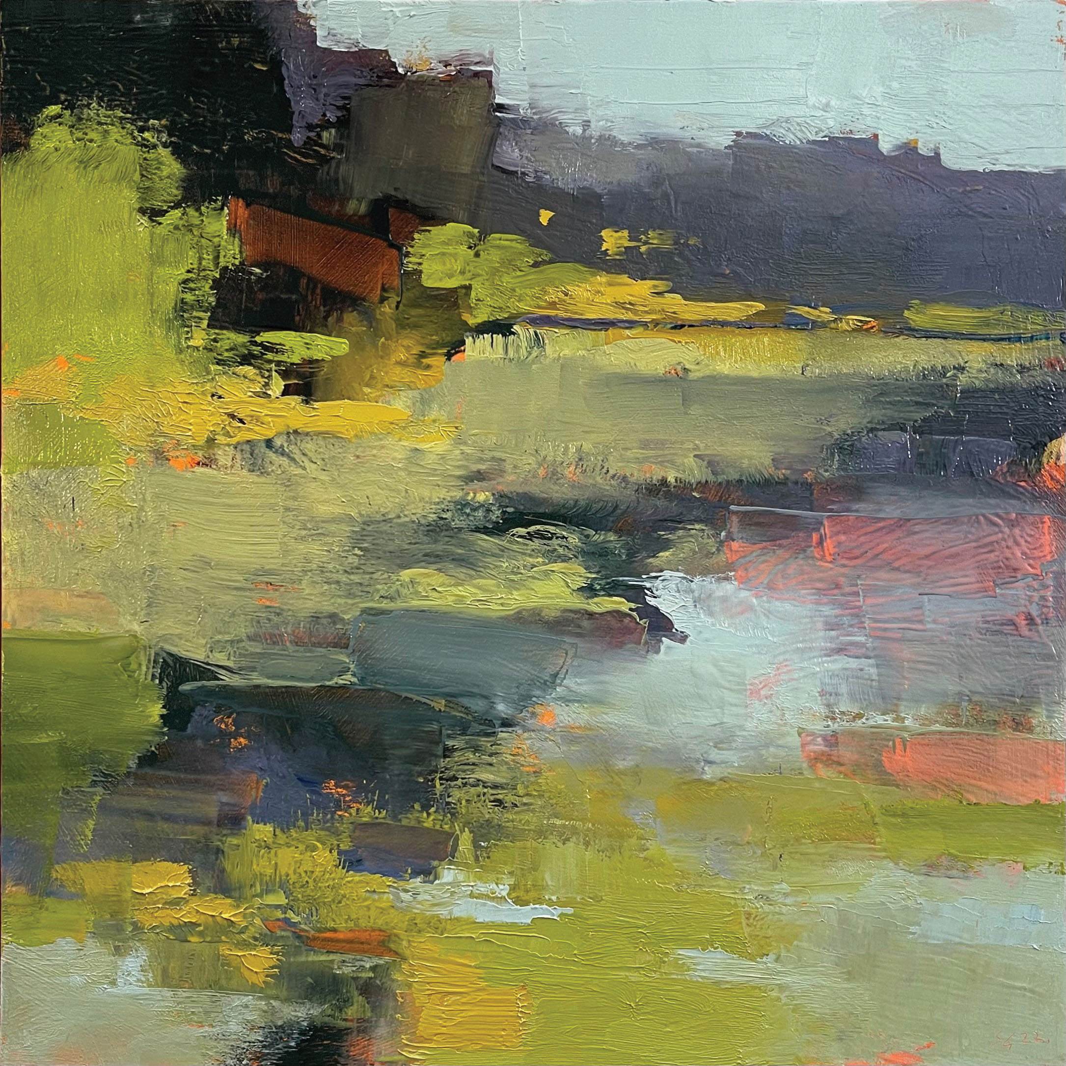 Scott Gellatly, "Northwest Pond," 2022, oil on panel, 12 x 12 in. Available from Laura Vincent Design & Gallery, Portland, Oregon Studio