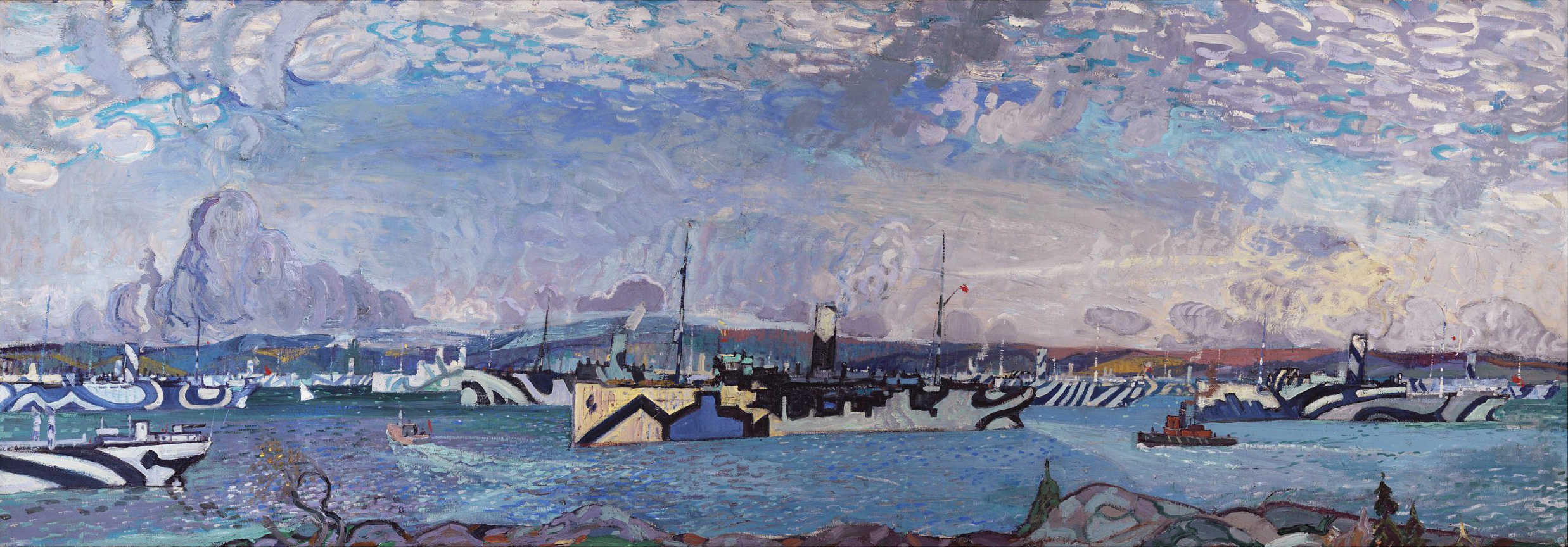 Arthur Lismer, "Convoy in Bedford Basin," c.1919, oil on canvas, 36 x 102 in., Beaverbrook Collection of War Art, Canadian War Museum, Ottawa