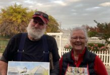 Barbara Tapp with the gentleman who bought her plein air watercolor painting on site