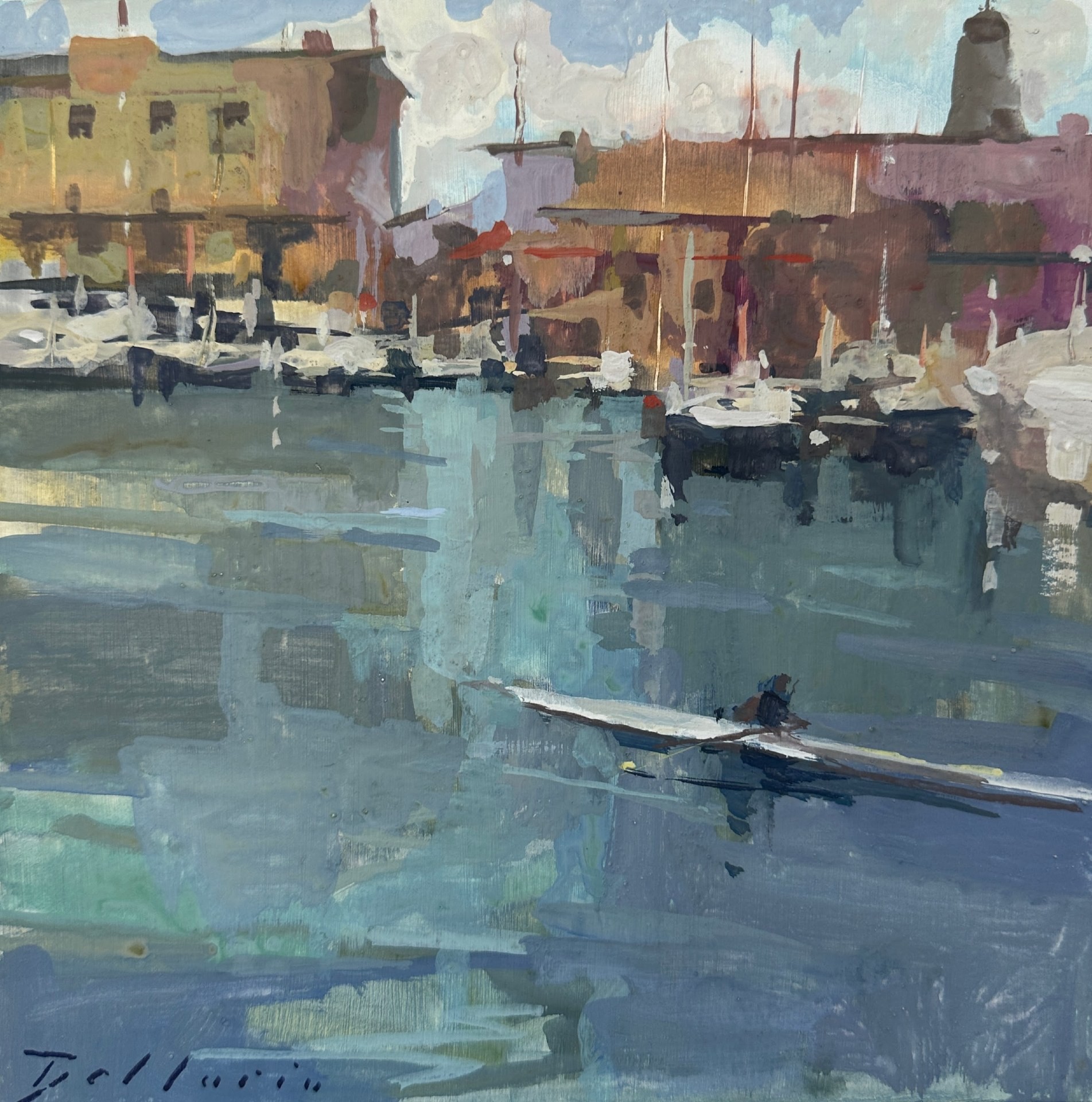 Bernard Dellario, “Rowing Trieste,” Gouache, 8x8 in.