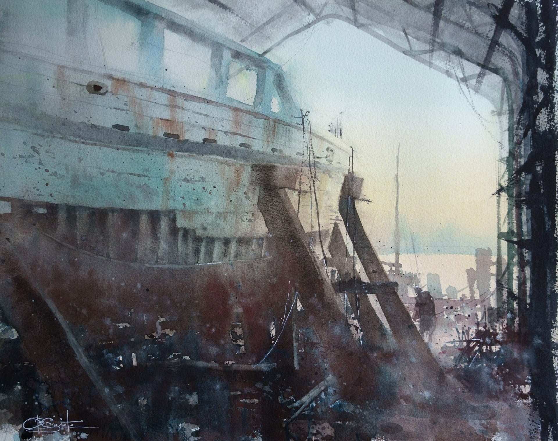 Orville Giguiento, “Getting Ship-Shape,” Watercolor, 12x16 in.