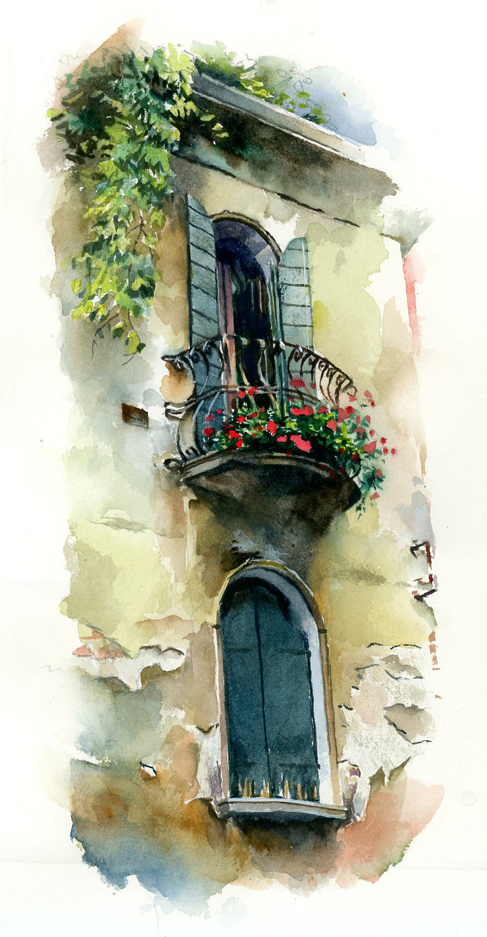 Watercolor studies - Stan Miller, "Venice Balcony Flowers," watercolor, 12 x 6 in.  