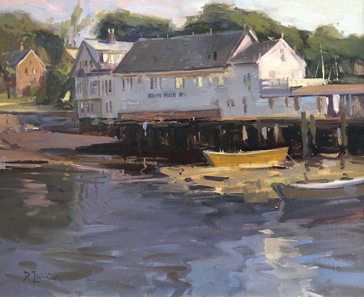 oil painting of house resting on wood planks, over water