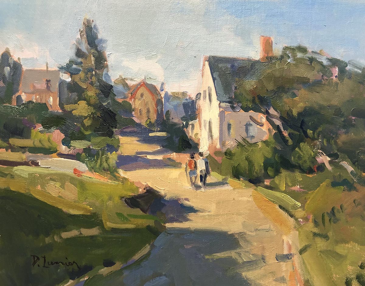 oil painting of pathway leading to houses, sun shining across path and on to homes