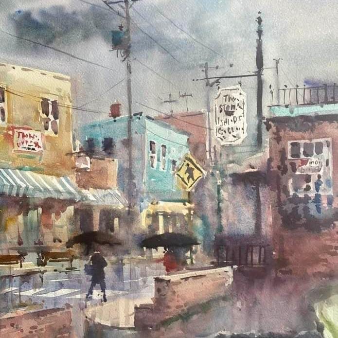 Rajendra KC, "Rainy Floyd," watercolor, 20 x 16 in., plein air